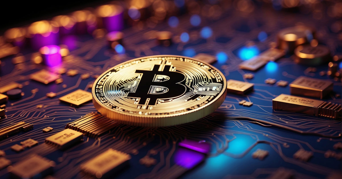 A physical gold Bitcoin token sitting on a digital microchip circuit board with neon lights representing frozen crypto account UAE scenarios