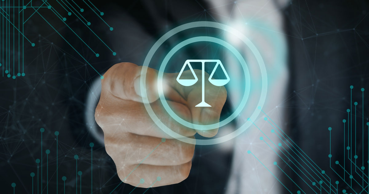 A hand pointing toward a glowing digital balance scale symbol representing legal proceedings for crypto litigation UAE
